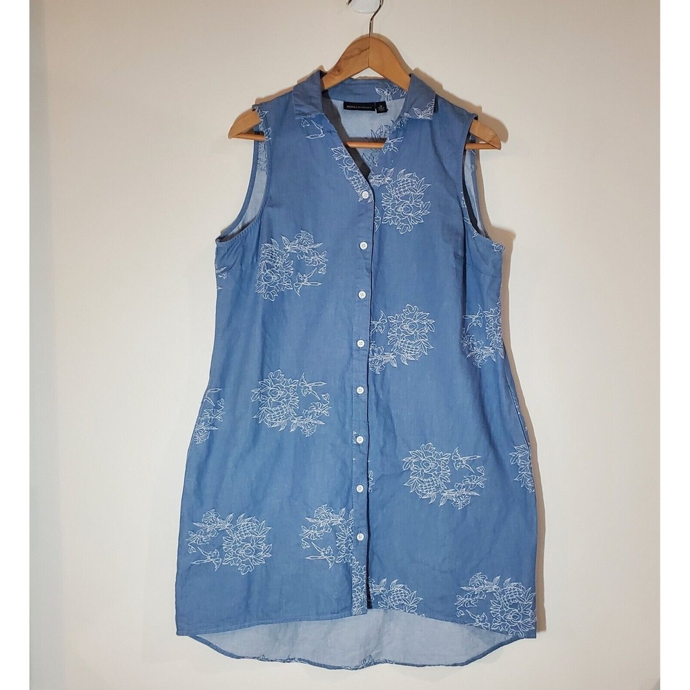 Nina Leonard sleeveless denim cotton shirt dress‎ with floral embroidery size 12